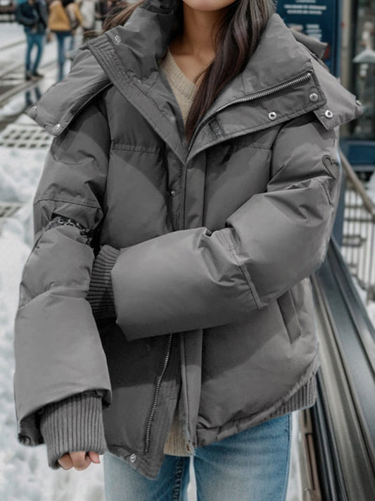 Graue Herz-Pufferjacke Damen Stylisch Kapuze - IdealeKleiden