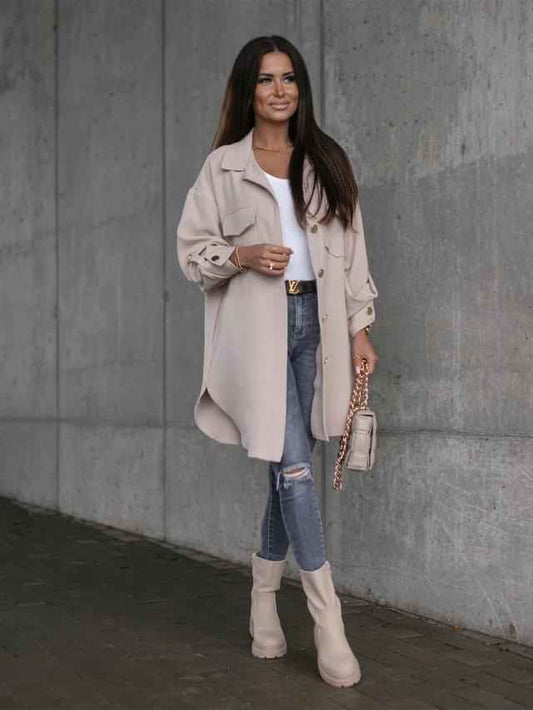 Lange Damenjacke Modern Wollkragen - IdealeKleiden