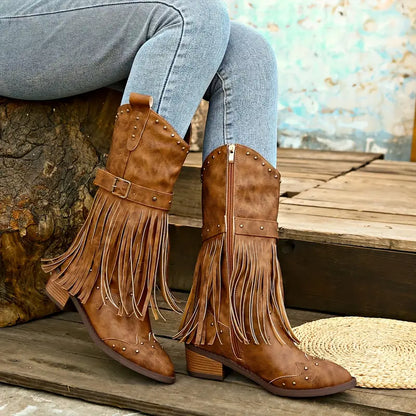 Stylische Damenstiefel Quasten Detail Blockabsatz - IdealeKleiden