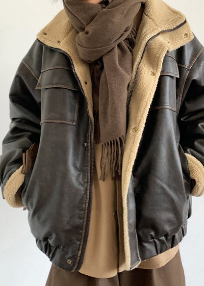 Blouson en cuir doublé polaire unisexe
