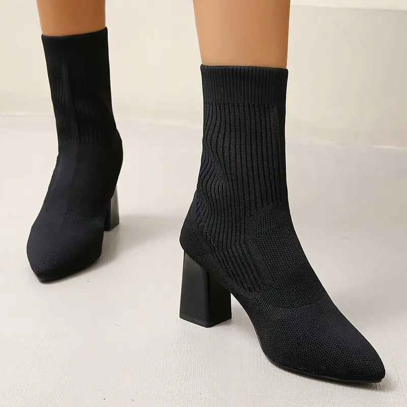Chelsea Boots Femme Tricot Bout Pointu Talon Carré