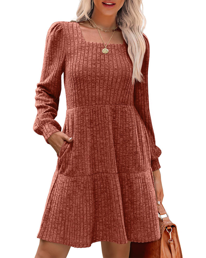 Robe élégante pour femme, col carré, côtelée