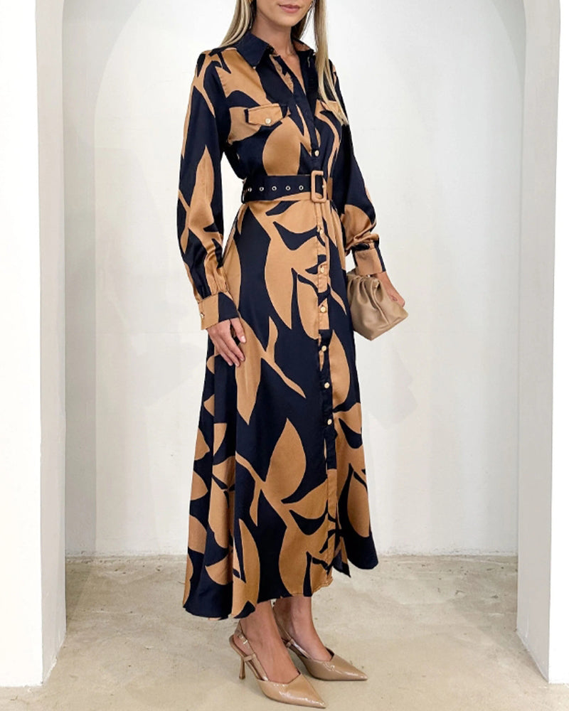 Kleid Langärmlig Blättermuster Elegant - IdealeKleiden