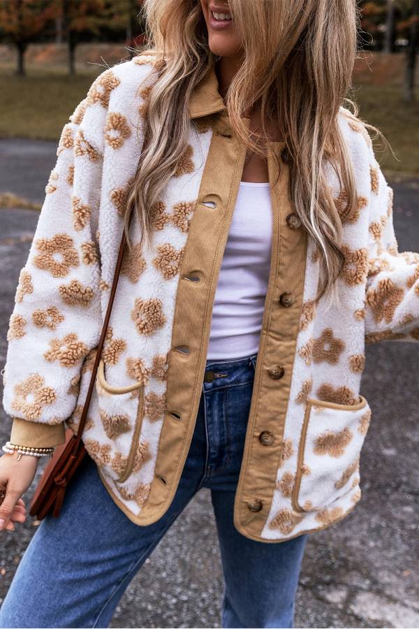 Veste polaire française beige à motif floral douce