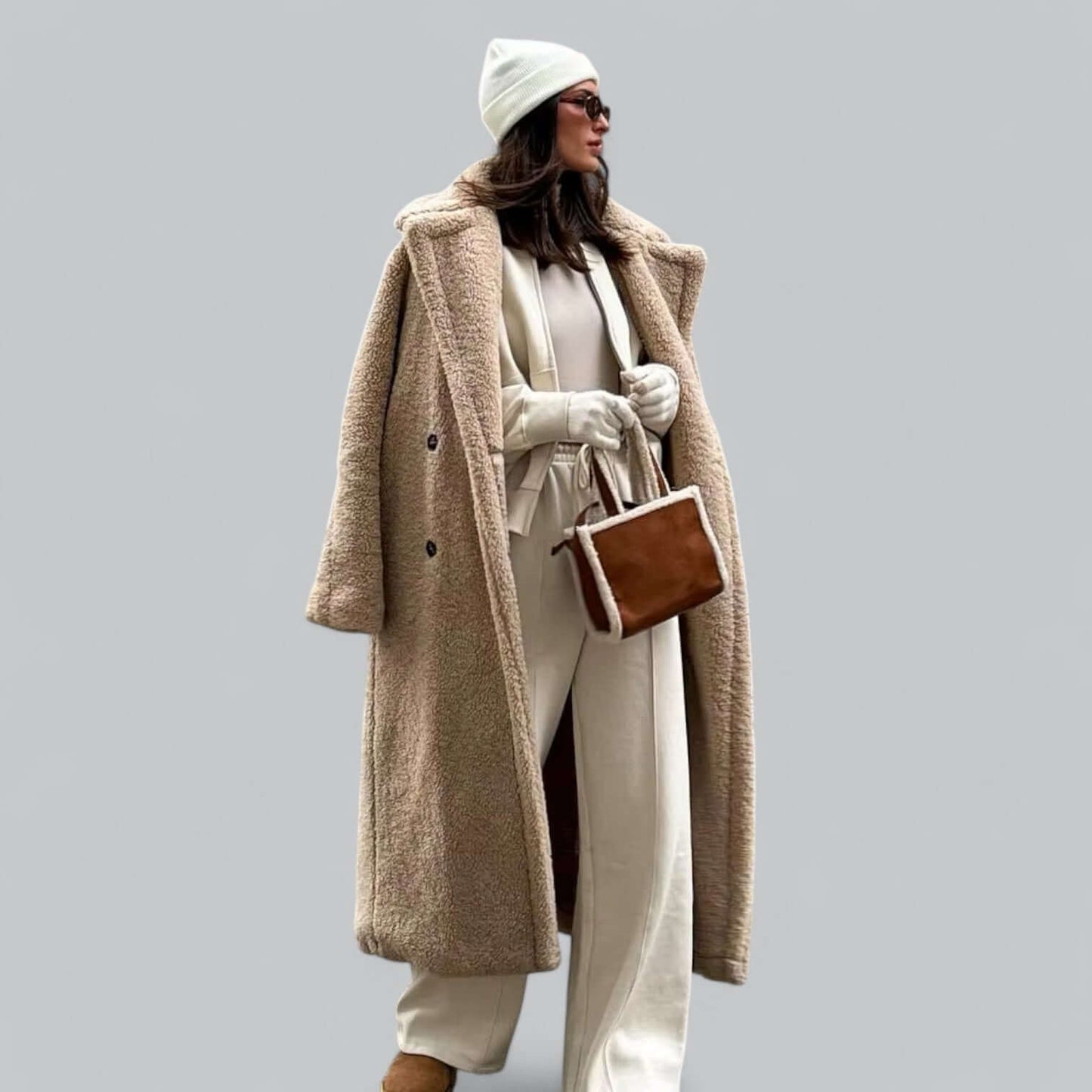 Manteau long femme en fausse fourrure style teddy