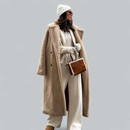 Manteau long femme en fausse fourrure style teddy