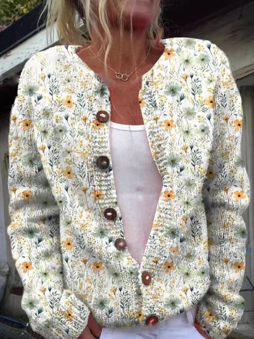 Gilet en tricot floral pour femmes Boutons Élégant