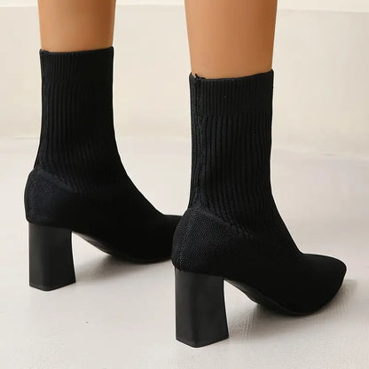 Damen Stiefeletten Strickoptik Spitzer Zeh Blockabsatz - IdealeKleiden