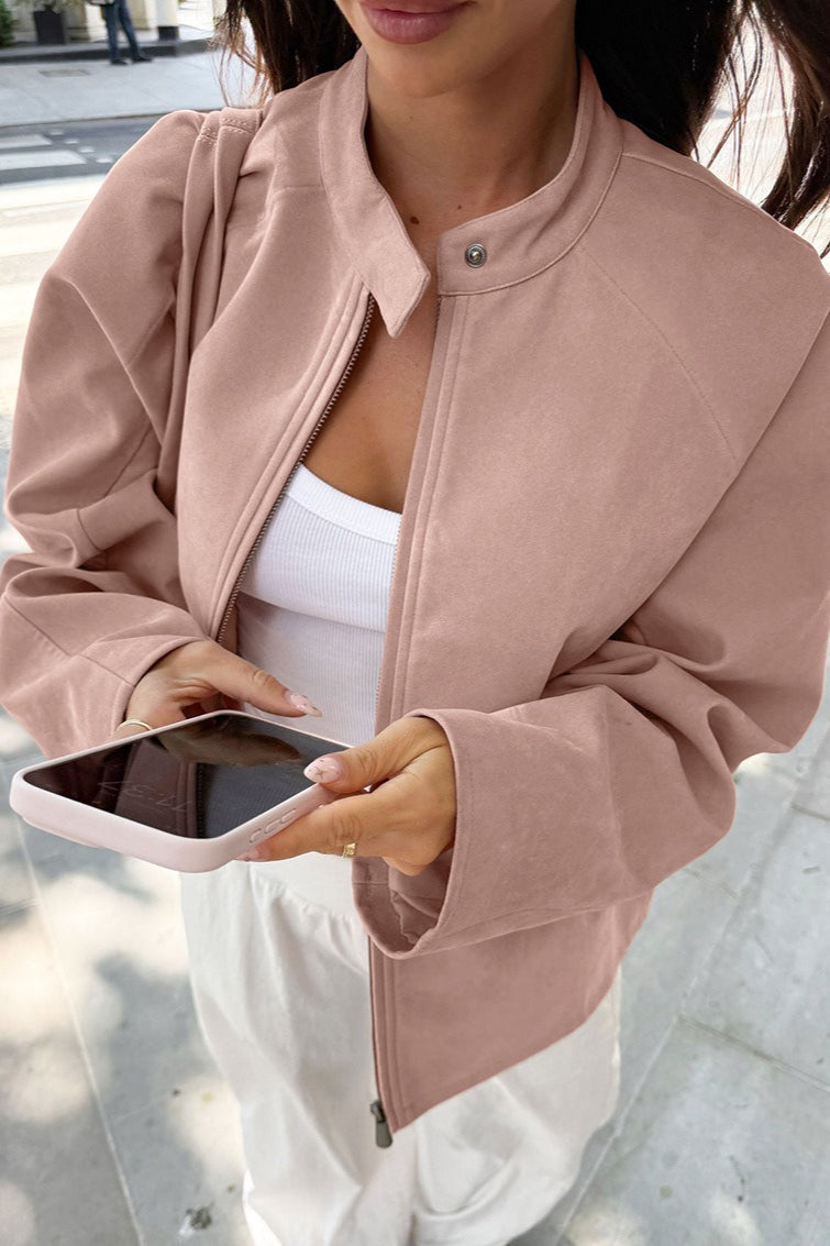 Blouson en cuir tendance, col montant, manches longues