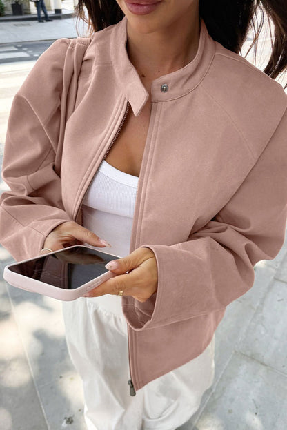 Blouson en cuir tendance, col montant, manches longues