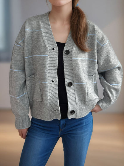 Modische Strickjacke V-Ausschnitt Langarm - IdealeKleiden