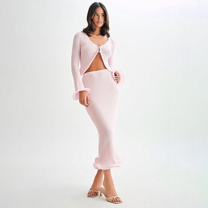 Ensemble 2 pièces en tricot avec ourlet ondulé et cardigan court
