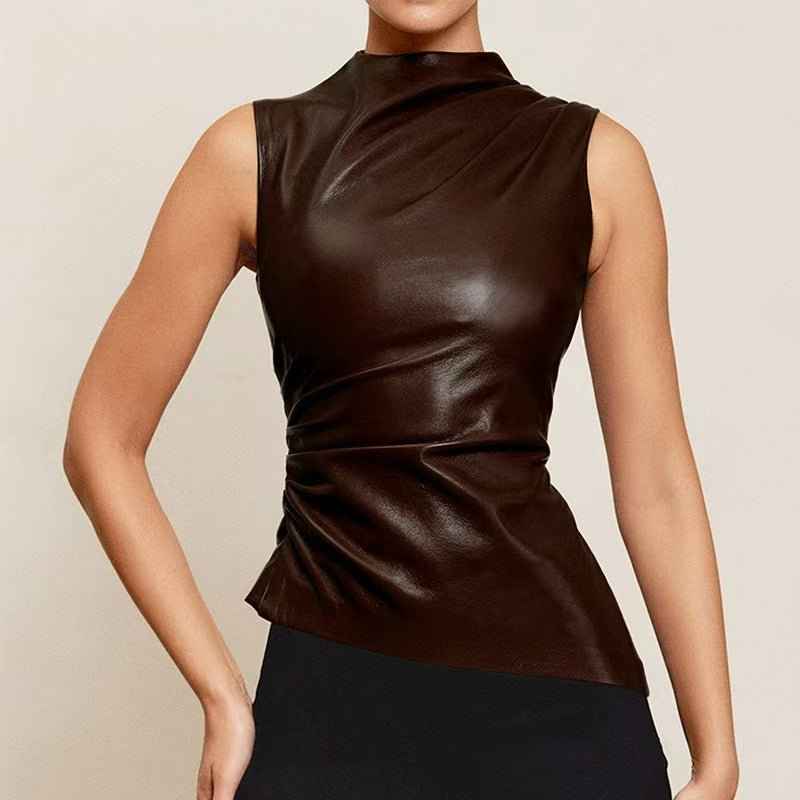 Top sans manches aspect cuir Col montant Asymétrique