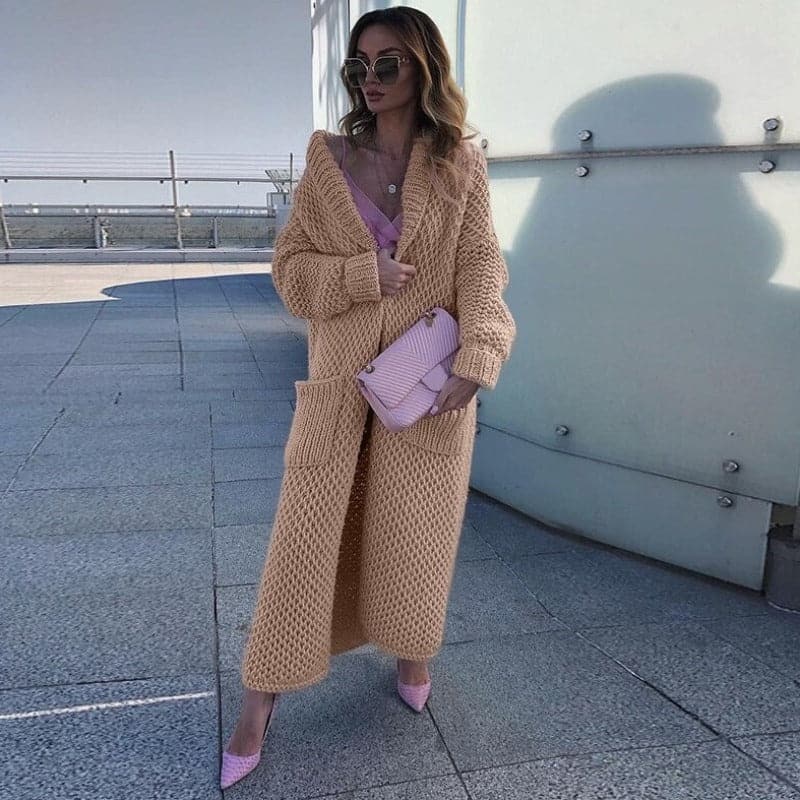 Langer Strickcardigan Offen mit Großen Taschen - IdealeKleiden
