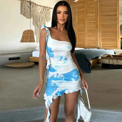 Robe courte à volants Asymétrique Motif tie-dye