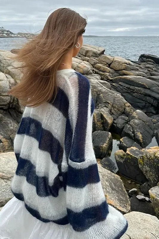 Schicke Strickjacke V-Ausschnitt Streifenmuster - IdealeKleiden
