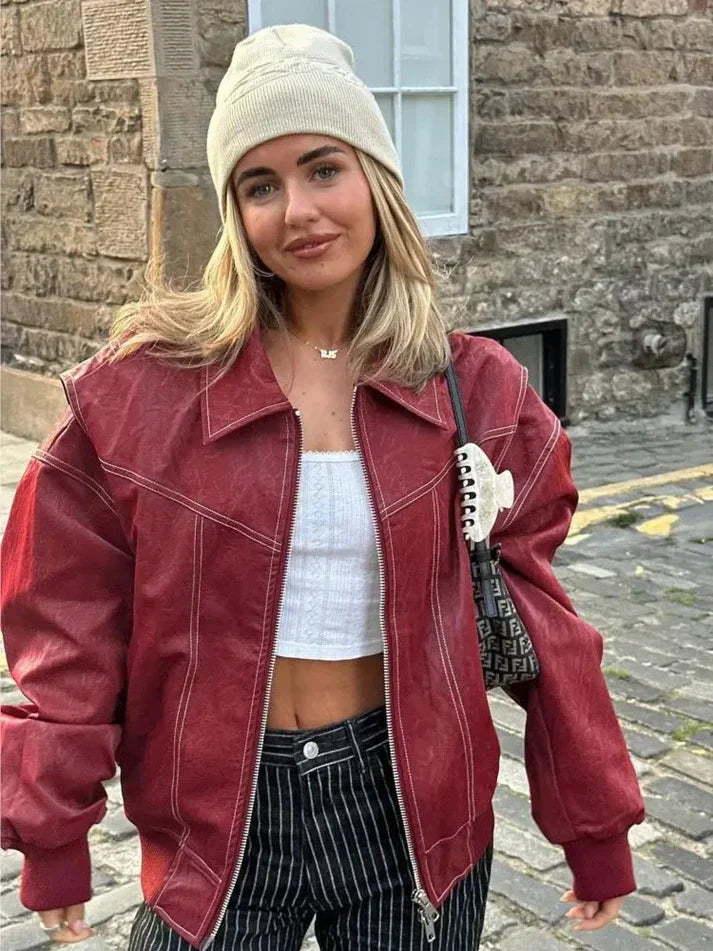 Stylische Lederjacke Oversized Vintage Look - IdealeKleiden
