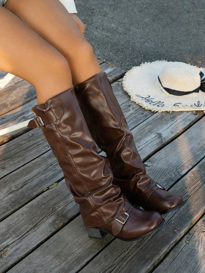 Elegante Damen Stiefel Mit Schnallen Knielang - IdealeKleiden