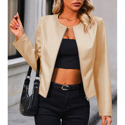 Blouson en cuir classique à col rond pour femme