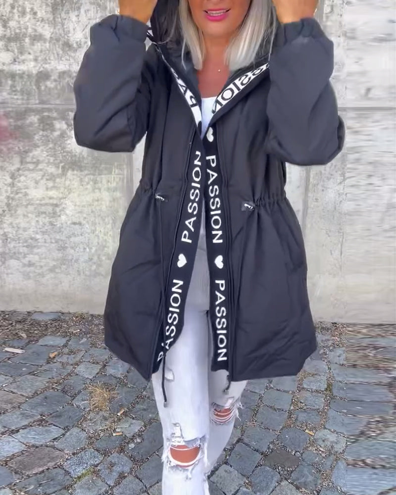 Manteau femme capuche cordon motif