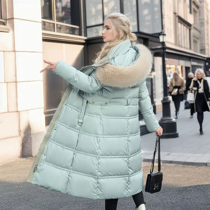 Manteau d'hiver femme long capuche fourrure ceinture