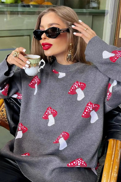 Pull en jacquard doux à motif champignon