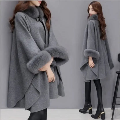 Élégante veste cape pour femme avec bordure en fausse fourrure