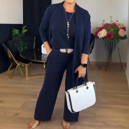 Ensemble 3 pièces élégant : long cardigan, top et pantalon pour femme