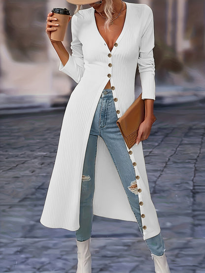 Long cardigan pour femme Col V Boutons Longueur genoux