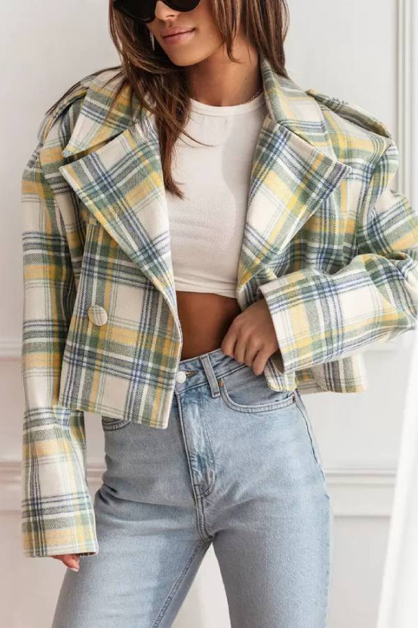 Veste d'automne femme à carreaux, col officier