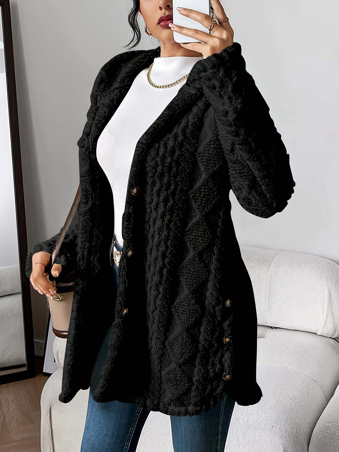 Veste longue d'hiver pour femme avec capuche et boutons