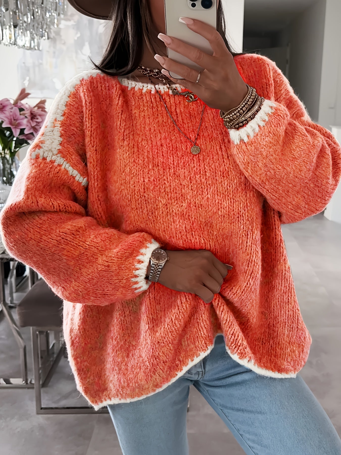 Pull-over amples Tricot doux Confortable Détails crochet