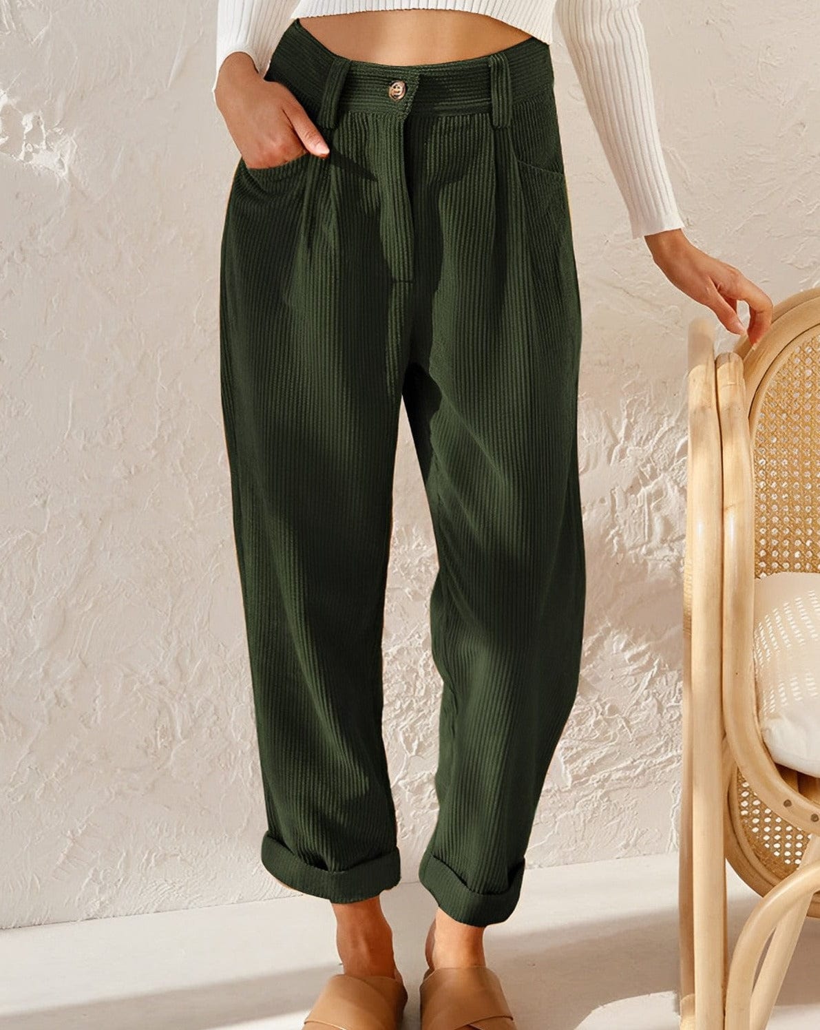 Pantalon élégant en velours côtelé taille haute pour femme