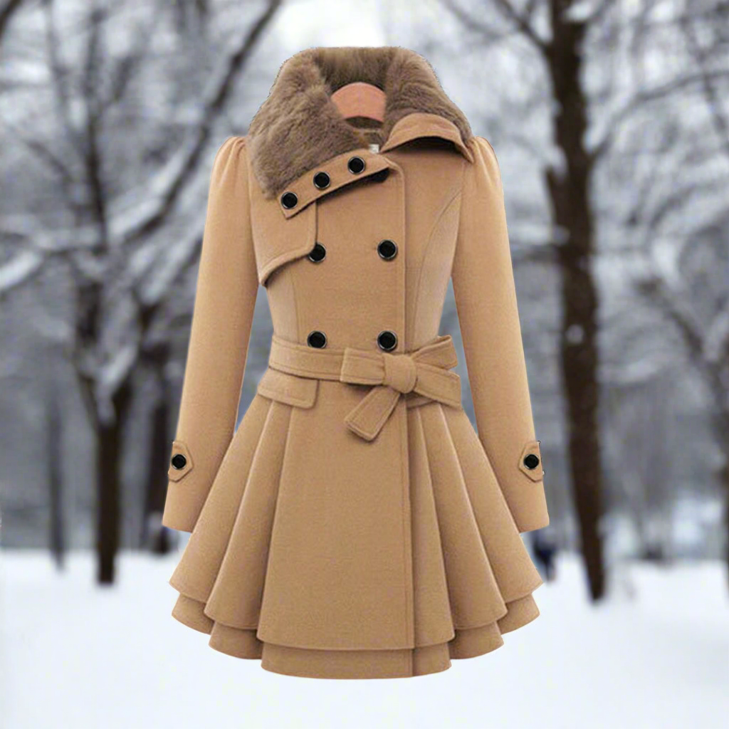 Manteau pour femme croisé évasé avec ceinture et fausse fourrure