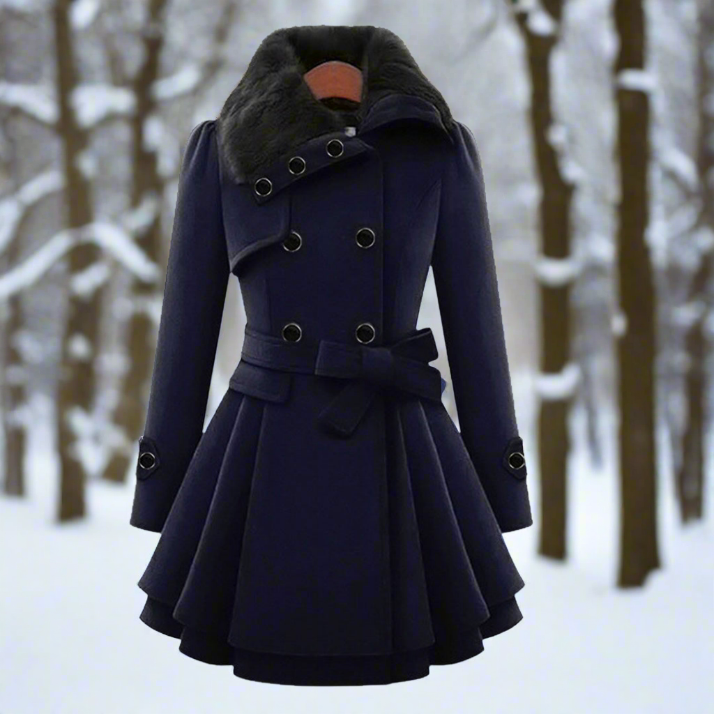 Manteau pour femme croisé évasé avec ceinture et fausse fourrure