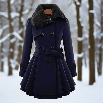Trench-coat femme mélange de laine double boutonnage fausse fourrure