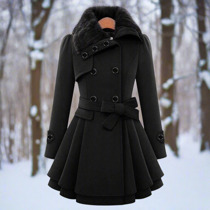 Trench-coat femme mélange de laine double boutonnage fausse fourrure