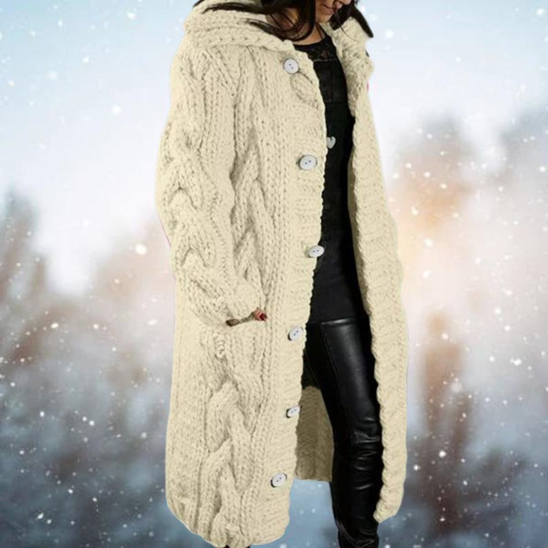 Winterstrickjacke Lang mit Zopfmuster Warm Acrylwolle - IdealeKleiden
