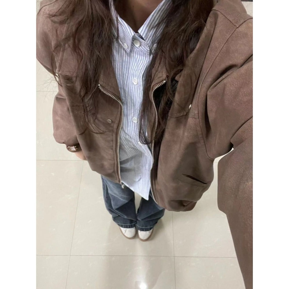 Manteau en cuir femme Blouson aviateur élégant Fermeture éclair