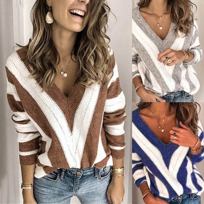 Pull douillet femme rayé col en V