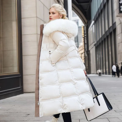Manteau long d'hiver élégant pour femme avec garniture en fourrure