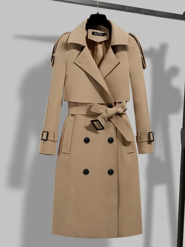 Élégant trench-coat long pour femme, double doublure, ceinture
