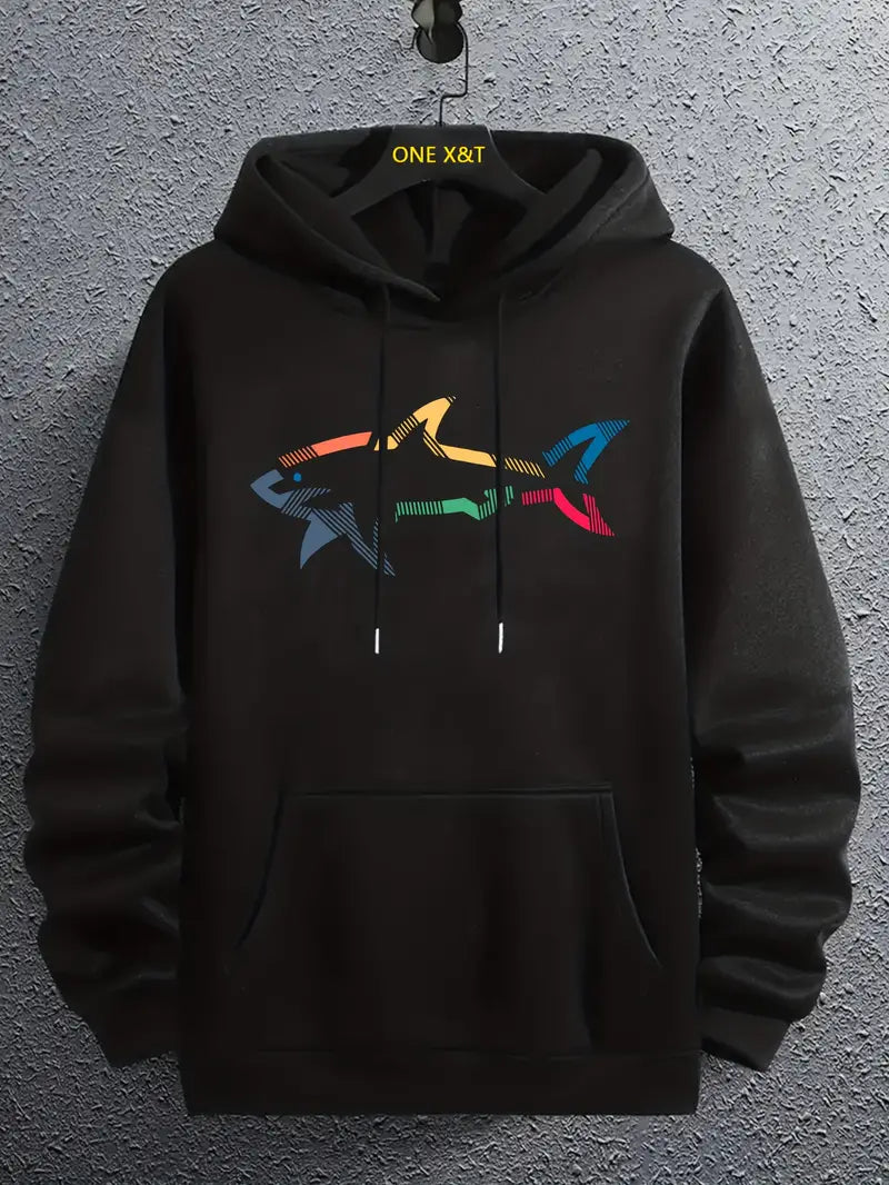 Pull homme décontracté motif requin capuche