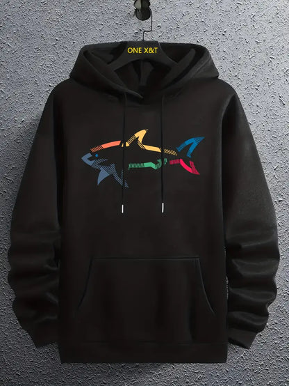 Pull homme décontracté motif requin capuche