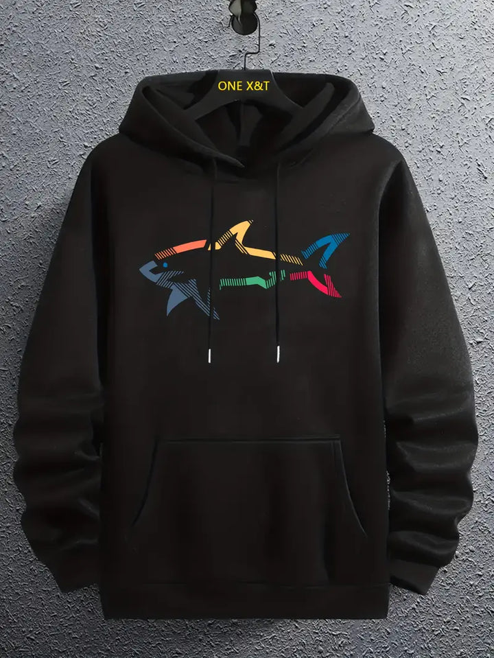 Pull homme décontracté motif requin capuche