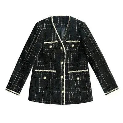 Manteau chic pour femme à carreaux, col en V, tweed noir