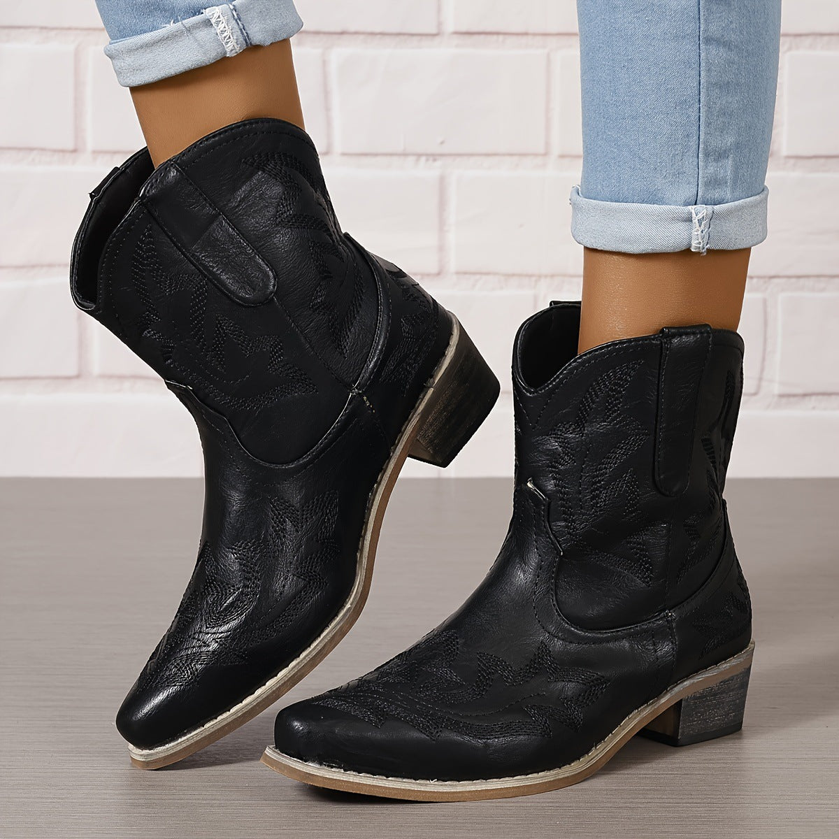 Bottes Western Femme Brodé Cuir Pointues Hauteur Cheville Talon Bloc