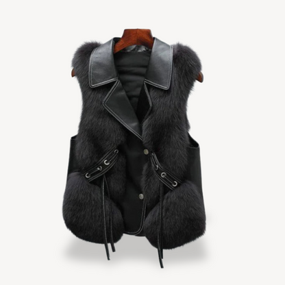 Gilet en cuir élégant pour femme avec manteau en fausse fourrure