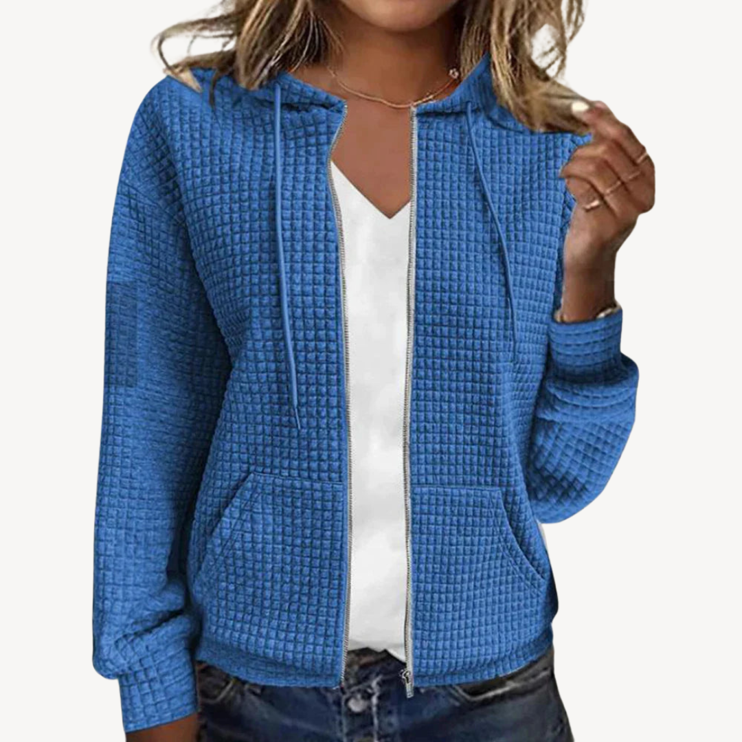 Pull-over gaufré douillet pour femme avec capuche et fermeture éclair