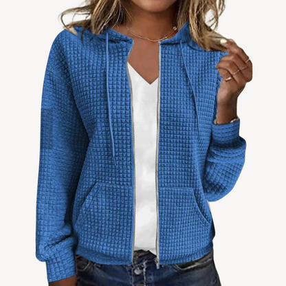 Pull-over gaufré douillet pour femme avec capuche et fermeture éclair